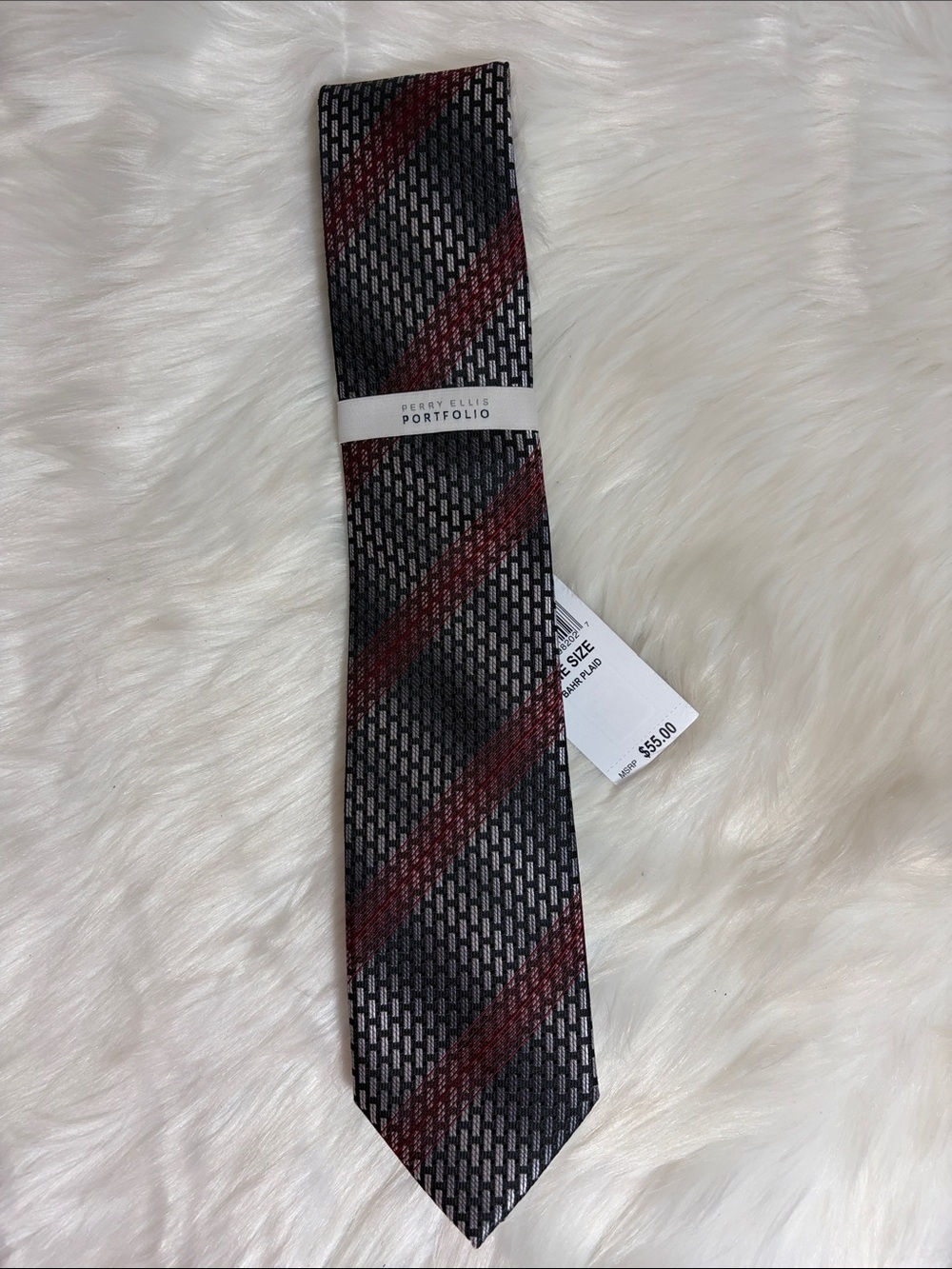NWT Perry Ellis Gray Red Bahr Plaid Diagonal Stripe Tie